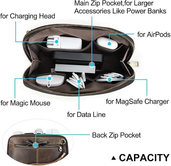 CONTACTS Crazy Horse Leather Travel Electronic Organizer Cables Chargers Accessories Storage Case Holder Clutch Bag