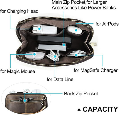CONTACTS Crazy Horse Leather Travel Electronic Organizer Cables Chargers Accessories Storage Case Holder Clutch Bag