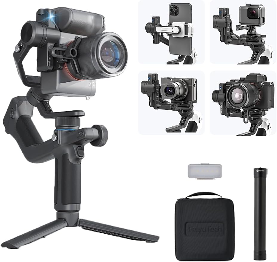 FeiyuTech SCORP Mini-2 Combo:Portable Bag+11''Carbon Fiber Pole+Fill Light,All in One 3-Axis Camera Stabilizer,Built-in AI Tracker Handheld Gimbal for Mirrorless Camera,GoPro,Smartphone (Black)