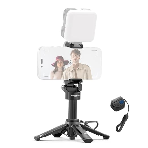 NEEWER Mini Tripod for Phone, Lightweight Foldable Small Selfie Stick Cell Phone Clamp Desk Stand with Remote & Cold Shoe Mounts Compatible with iPhone Android Samsung for Video Recording, PA986 Black