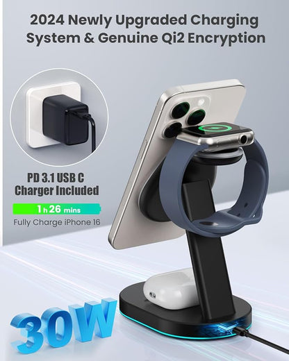 3 in 1 Wireless Charger Charging Station for iPhone,Qi2 Certified 15W Magnetic Charging Stand for Mag-Safe with 30W USB C Adapter&Friendly Night Light for iPhone 17/16/15/14/13/12,Apple Watch,AirPods