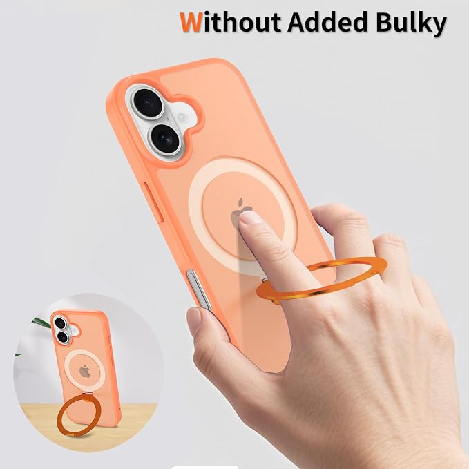 Ultra-Magnetic Stand for iPhone 17 Case [Military Drop Protection] [Compatible with MagSafe] Shockproof Translucent Matte Slim Ring Holder Case for iPhone 17 (Orange)