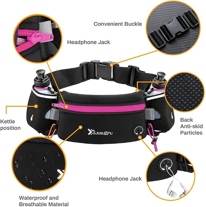 Number-one Running Belt with Water Bottles(2 x 175ML), Hydration Belt Waterproof Waist Pack Bag Fits iPhones Adjustable Sports Waist Pouch for Marathon Running Hiking Cycling, Rose Red