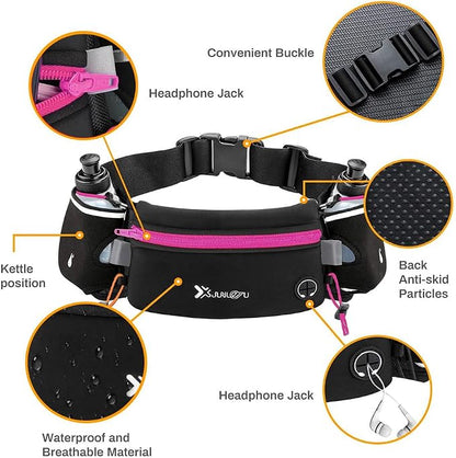 Number-one Running Belt with Water Bottles(2 x 175ML), Hydration Belt Waterproof Waist Pack Bag Fits iPhones Adjustable Sports Waist Pouch for Marathon Running Hiking Cycling, Rose Red
