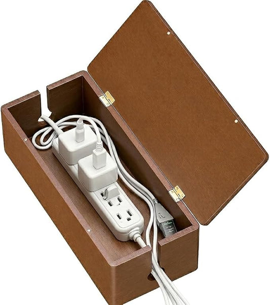 Real Wood Cable Management Box - Minimalist Home Office Decor - Walnut Finish Cord Organizer to Hide Wires & Power Strips - Spring Cleaning Essential for Desk & TV Stand - Safe for Pets & Kids