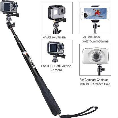 Smatree Telescoping Selfie Stick with Tripod Compatible for Insta360 X5, for GoPro Hero 13/12/11/10/9/8/7/6/5, for OSMO 5 Pro/4/3/Ricoh Theta, Compact Camera and Phone