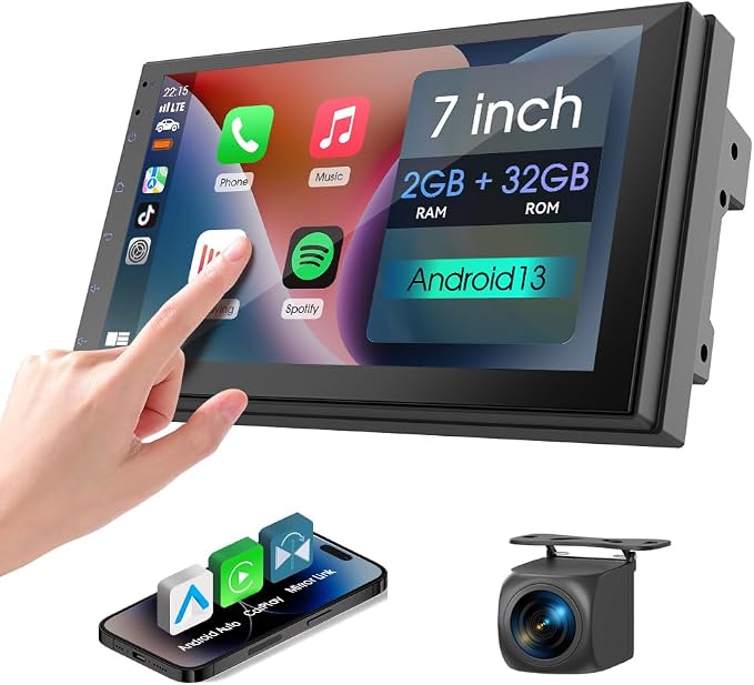 7 inch Car Stereo Double Din Radio with Carplay&Android Auto,Bluetooth,Channel RCA,Backup Camera,SWC,FM/AM|Apple Carplay Radio Screen for Car Audio Receivers|HD Touchscreen Car Audio Receivers