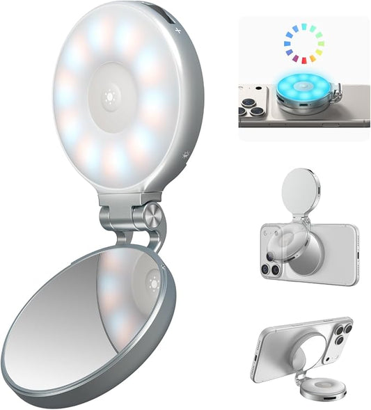 TELESIN Upgraded 4-in-1 Magnetic RGB Selfie Ring Light with Mirror & Phone Stand, Rechargeable Portable Clip On Fill Light for iPhone Samsung TikTok, Vlogging, Makeup, Photography, Streaming