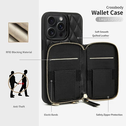 LAMEEKU for iPhone 15 Pro Case Wallet, Crossbody Wallet Purse with Card Holder, Quilted Leather Zipper Wrist Strap RFID Blocking Cover for Women for iPhone 15 Pro 6.1" Black