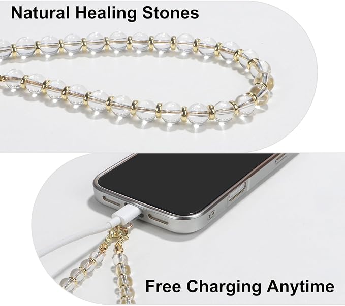 TEAMOLA Natural Stone Phone Charm, Handmade Crystal Cellphone Chain for Universal, Beaded Healing Anti Theft Phone Wrist Strap with Tether Tab, Clear Quartz
