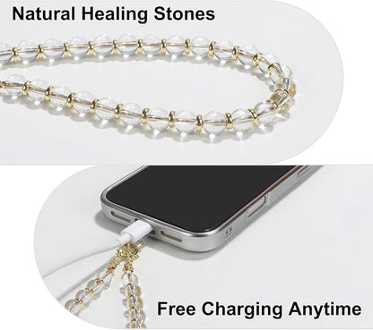 TEAMOLA Natural Stone Phone Charm, Handmade Crystal Cellphone Chain for Universal, Beaded Healing Anti Theft Phone Wrist Strap with Tether Tab, Clear Quartz