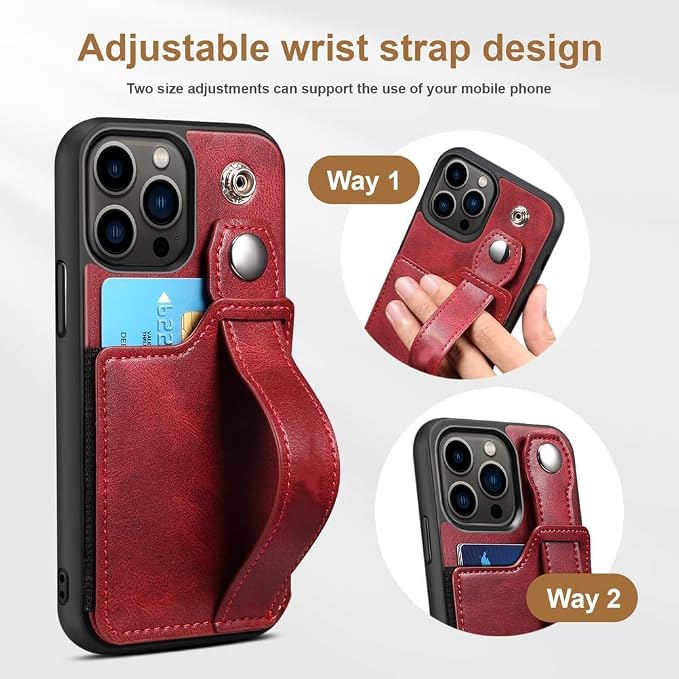 Wallet Case for iPhone 16/16 Pro/16 Plus/16 Pro Max, Silicone Frame Cover with Wrist Strap, Card Slots and Stand, Anti-Fall Shell,16,Red