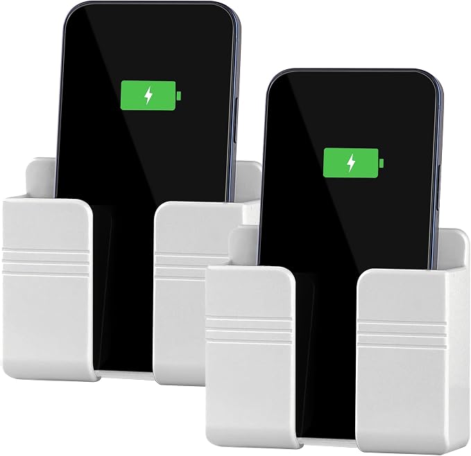 CEI&BPY 2Pcs Phone Holder Wall Mounted, Phone Stand with Self Adhesive. Phone Holder for RV Charging.Compatible with iPhone and Android (2Pack-White)