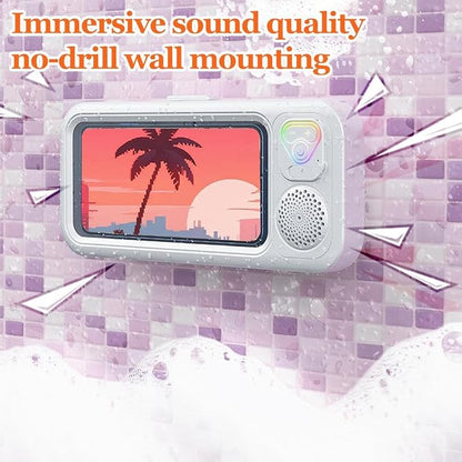 Shower Phone Holder with Wireless Bluetooth Speaker, Waterproof Touchable Phone Case for Bathroom Mirror and Bathtub, Rotation Retractable Wall Mounted Phones Holder,2026 New (White)