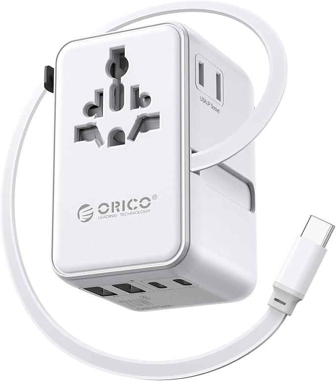 ORICO Universal Travel Adapter 70W GaN International Power Adapter | 7 in 1 (2 AC, 3 USB-C, 2 USB-A) European Travel Plug Adapter, Built-in Retractable USB-C Cable for Eu UK AU 200+ Countries