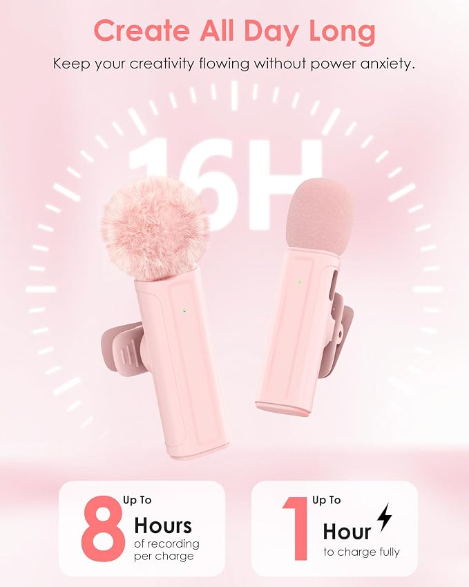 Wireless Mini Microphone for iPhone, iPad, Android, 2 Pack Lavalier Mic with 360° Rotatable Clip, Plug and Play Noise Reduction USB-C Mic for Video Recording YouTube TikTok Content Creators, Pink
