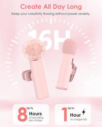 Wireless Mini Microphone for iPhone, iPad, Android, 2 Pack Lavalier Mic with 360° Rotatable Clip, Plug and Play Noise Reduction USB-C Mic for Video Recording YouTube TikTok Content Creators, Pink