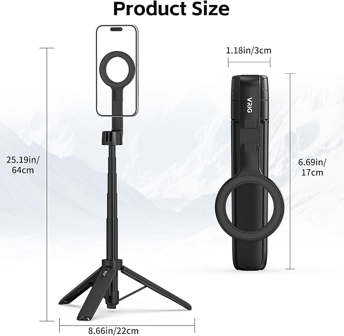 VRIG Magnetic Selfie Stick Tripod for iPhone with Cold Shoe,360 Rotatable Extendable Travel Phone Stand for Video Recording/Vlogging,Strong Holder with Metal Ring for iPhone 12-17/Android