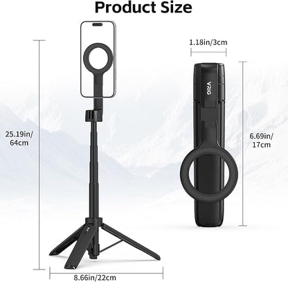 VRIG Magnetic Selfie Stick Tripod for iPhone with Cold Shoe,360 Rotatable Extendable Travel Phone Stand for Video Recording/Vlogging,Strong Holder with Metal Ring for iPhone 12-17/Android