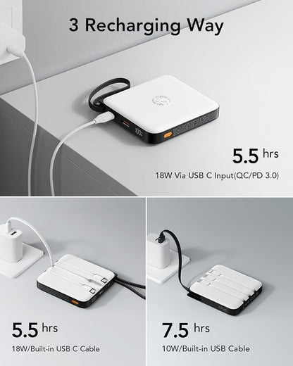 VRURC 20000mAh Portable Charger with Built-in Cables, 22.5W Fast Charging Power Bank, USB C Battery Pack Travel Essentials for iPhone 17 16 15 14 13, Samsung Galaxy S26 S25, LED Display, White