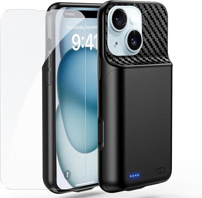 Battery Case for iPhone 15 Plus (6.7 inch), 2026 Upgraded High Capacity 13800mAh Battery Pack Rechargeable Charger External Charging Case with Tempered Glass Screen Protector Black