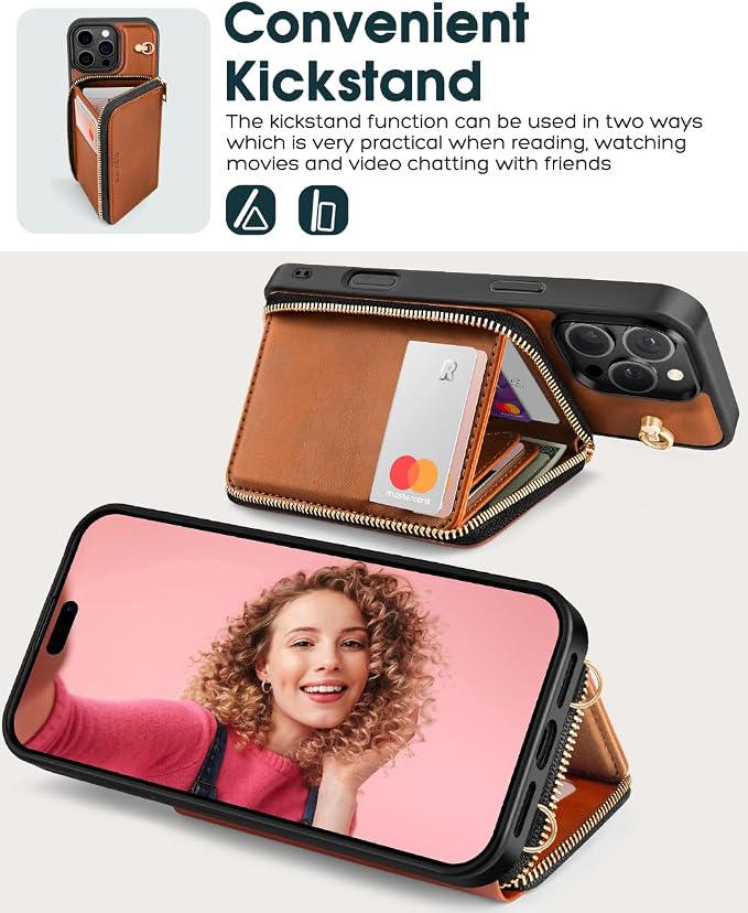 OCASE Compatible with iPhone 16 Pro Crossbody Wallet Case with Card Holder, PU Leather Zipper Handbag Phone Purse with RFID Blocking Kickstand Wrist Strap Lanyard 6.3 Inch, Brown