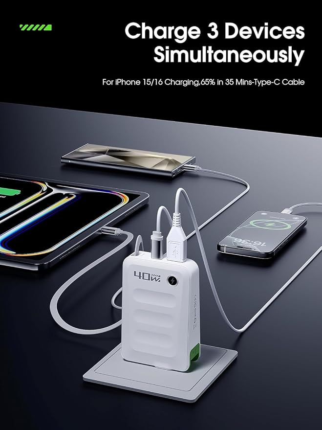 2026 ETODBUWS 3 in 1 GaN Charger,40W PD Fast Charging Blocks with Retractable Type C Cable and Dual Port Travel Charger,USB Chargers with Foldable Plug for iPhone 17/16/15,Galaxy,Pixel-White
