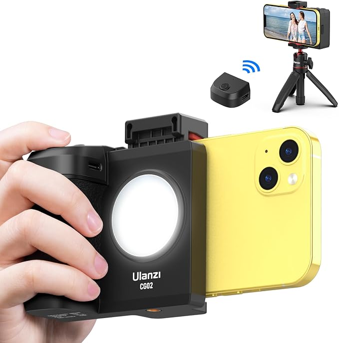 ULANZI CG02 Upgraded Smartphone Camera Shutter Handle Grip w Detachable Wireless Bluetooth Remote Control,Three-Gear Adjustable Fill Light for iPhone Samsung Google OnePlus Phones Video/Photo Shooting