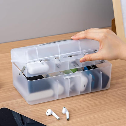 Vidifor 2-Layer Cable Organizer Box with 20 Cable Ties, Portable Cord, Charger and Bandages Storage for Drawer, Desk, Office & Home (White)