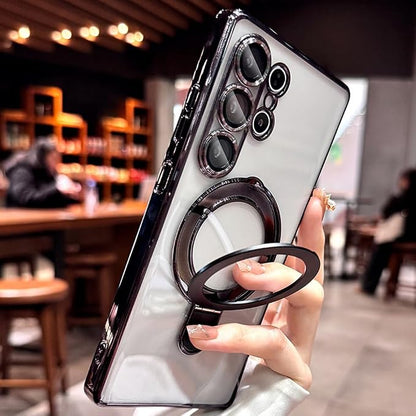 Magnetic for Samsung Galaxy S24 Ultra Case Stand & Ring Holder Compatible with MagSafe Built-in Camera Lens Protector Phone Case for Samsung S24 Ultra - Black
