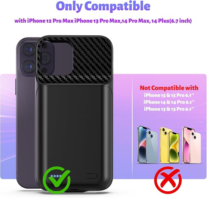 Battery Case for iPhone 14 Pro Max/13 Pro Max/12Pro Max/14 Plus (6.7 inch) [2026 Upgraded] 13800mAh Portable Extended Charging Case Charger Battery Pack with Tempered Glass Screen Protector-Black