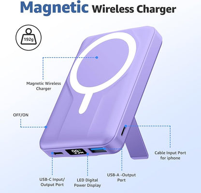 Azmuth Magnetic Power Bank,10000mAh for MagSafe Battery Pack, 22.5W PD Fast Charging,LED Display & Foldable Stand Wireless Portable Charger for iPhone 17/16/15/14/13/12/Pro/Pro Max/Plus,Purple