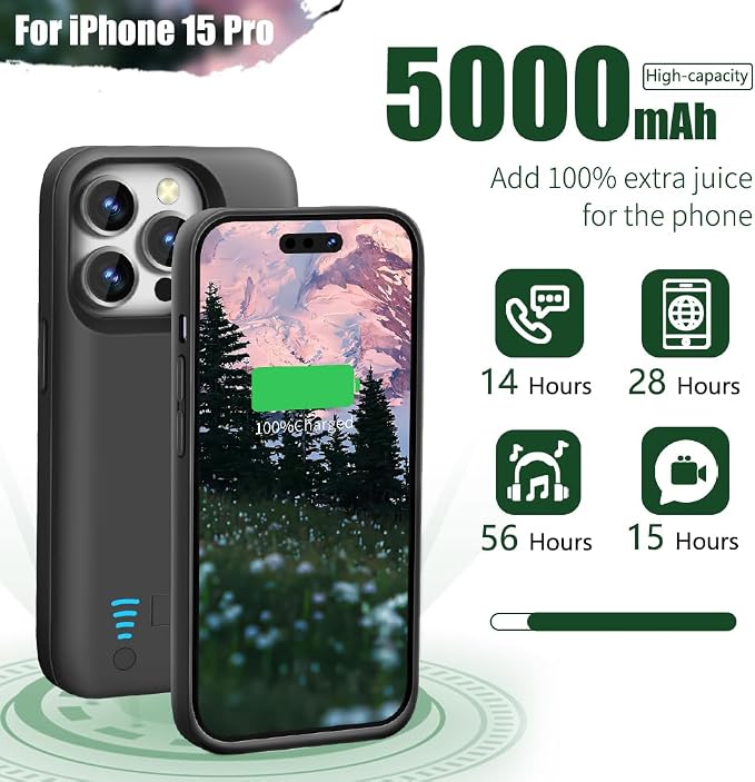 Sitong Battery Case for iPhone 15 Pro, 5000mAh Rechargeable Extended Battery Charging/Charger Case, Add 100% Extra Juice (6.1 inch) Black