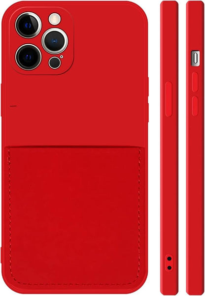 Ultra Slim Liquid Silicon Gel Case Compatible for iPhone 12 Pro Max 6.7 inch 2020 with Card Holder Sleeves Slot Anti-Scratch Shockproof Wallet Cover with Screen Protector (Red)