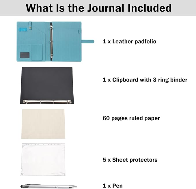 Wonderpool A4 PU Leather Portfolio Holder Ring File Document Case with Removable Binder Clipboard, Multi Pocket and Legal Pad for Business Organizer Interview and Meeting (Light Blue)