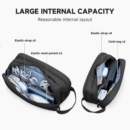 Teskyer Double Layer Cable Organizer Bag, Travel Tech Pouch, Black | Elastic Bands Organization, Water Resistant Fabric, Multiple Compartments, Padded Protection, Travel and Office Use