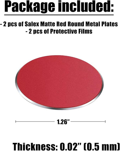 SALEX Replacement Metal Plates Set for Magnetic Car Phone Holders, Wall & Air Vent Mounts, Cases, Magnets. Kit of 2 Matte Red Round Iron Discs Without Holes. 3M Adhesive Backing. Steel Disks 2 Pack.