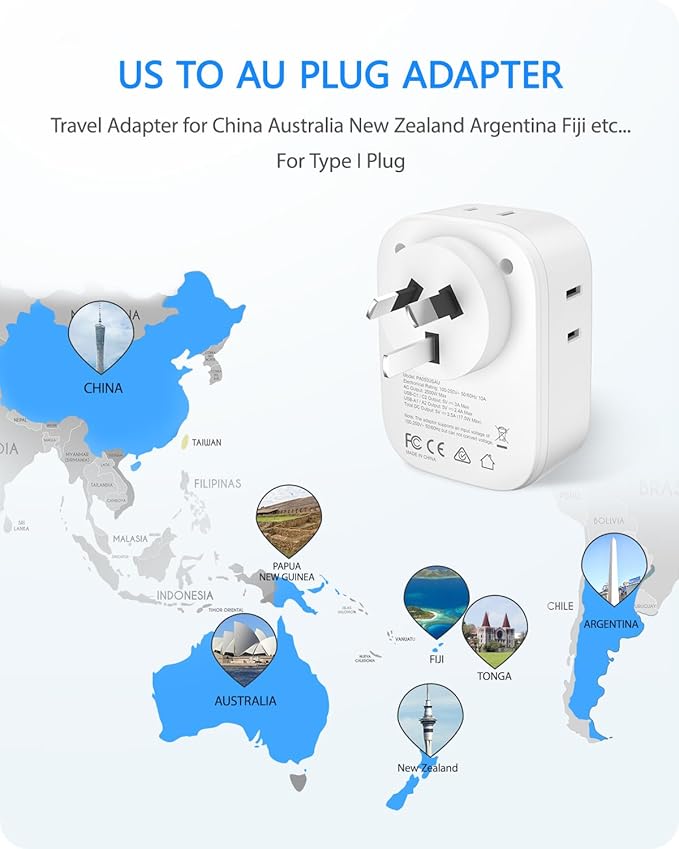 LENCENT Australia New Zealand Power Plug Adapter, US to Australia Adapter | Plug Adapter with 4 Outlets, 4 USB Ports(2 USB C), Type I Plug Converter for US to AU Argentina China Fiji, Travel Essentials