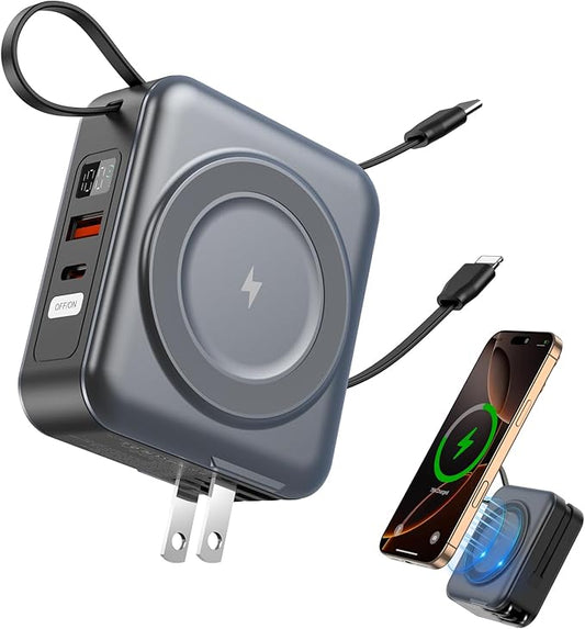 for Magsafe Portable Charger with AC Wall Plug, 6-in-1 Magnetic Wireless Power Bank 10000mAh Built-in Cables, 22.5W Type-C in&Out Fast Charging Battery Pack for iPhone 17/16/15/14/13/12 Series, Gray