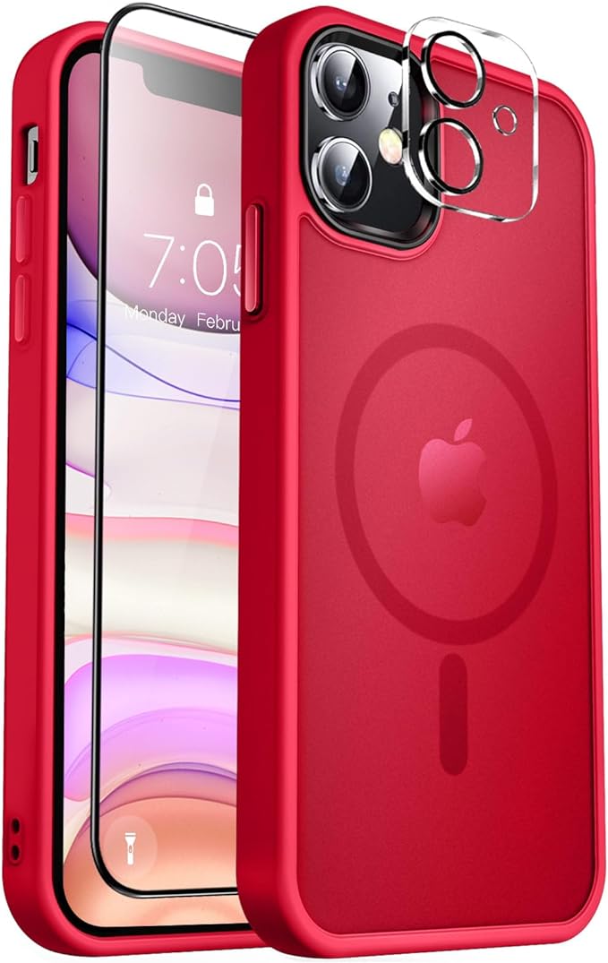MOCCA Strong Magnetic for iPhone 11 Case,[Compatible with Magsafe][Glass Screen Protector+Camera Lens Protector] Slim Thin Shockproof Cover Case for iPhone 11 6.1 inch, Red