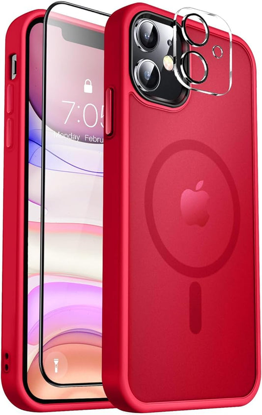 MOCCA Strong Magnetic for iPhone 11 Case,[Compatible with Magsafe][Glass Screen Protector+Camera Lens Protector] Slim Thin Shockproof Cover Case for iPhone 11 6.1 inch, Red
