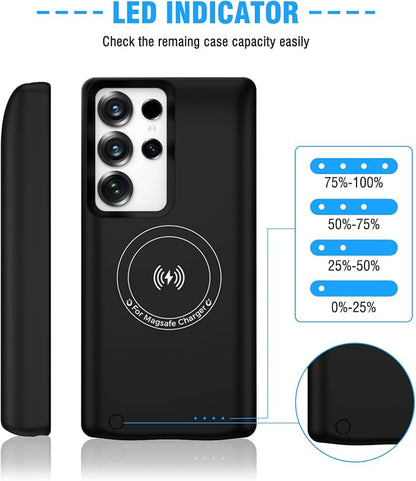 S25 Ultra Battery Charging Case, 10000mAh Portable Rechargeable Wireless Charging Case for Samsung Galaxy S25 Ultra 5G(6.9 inch), Protective Extended Battery Pack Charger Cover - Black
