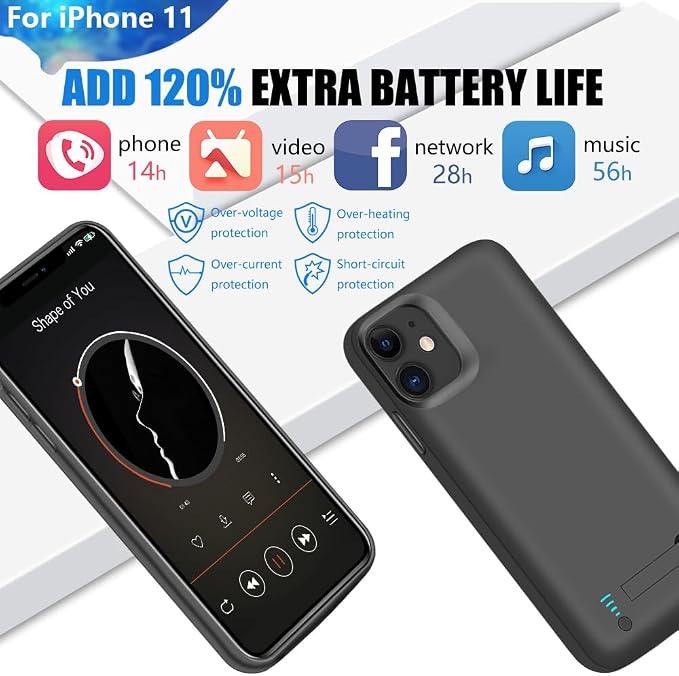 Battery Case for iPhone 11, 6000mAh Rechargeable Extended Battery Charging Charger Case, Add 120% Extra Juice, Support Wired Headphones Black