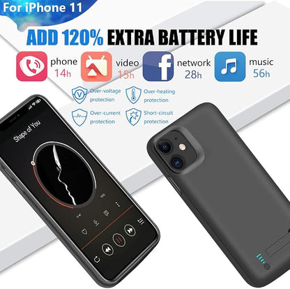 Battery Case for iPhone 11, 6000mAh Rechargeable Extended Battery Charging Charger Case, Add 120% Extra Juice, Support Wired Headphones Black