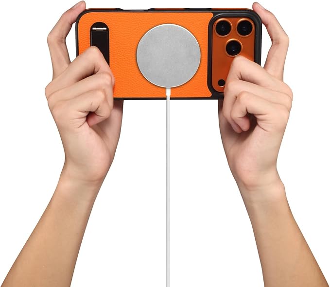 Magnetic Case for iPhone 17 Pro/17 Pro Max, Slim Lychee Pattern Leather Cover with Metal Kickstand Wireless Charging Phone Case,17pro,Orange