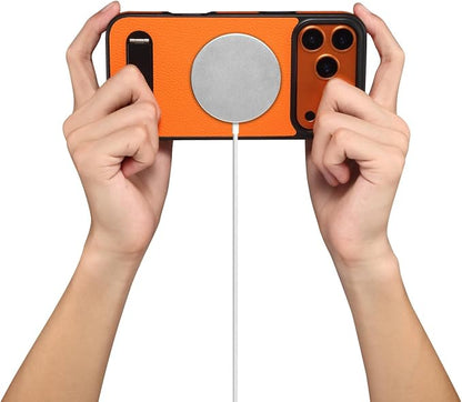 Magnetic Case for iPhone 17 Pro/17 Pro Max, Slim Lychee Pattern Leather Cover with Metal Kickstand Wireless Charging Phone Case,17pro,Orange