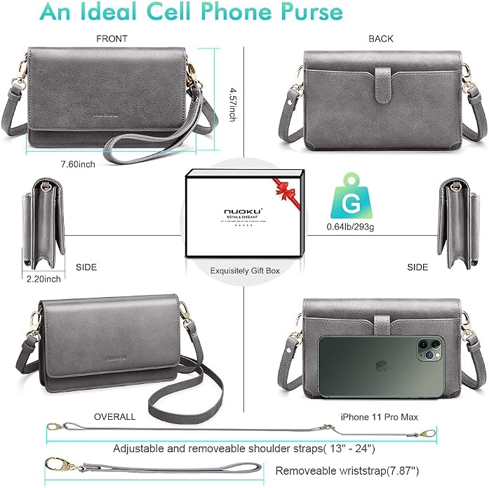 nuoku Women Small Crossbody Bag Cellphone Purse Wallet with RFID Card Slots 2 Straps Wristlet