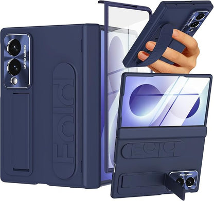 NINKI Hinge Protection for Samsung Galaxy Z Fold 8 Case with Wrist Strap & Kickstand, Hard Thin Screen Protector for Samsung Fold 8 Strap Case, Z Fold 8 Cases for Samsung Z Fold 8 Phone Cover Men Blue