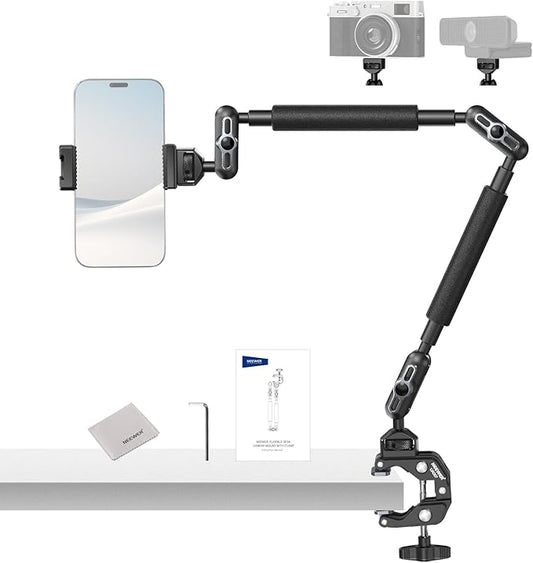 NEEWER Magic Arm Camera Mount, Overhead Desk Phone Mic Stand Holder, 22" Articulating Boom Arm C Clamp 1/4" 3/8" Threads for ARRI for Microphone Webcam Action Camera Video Light, Cleaning Cloth, UA057