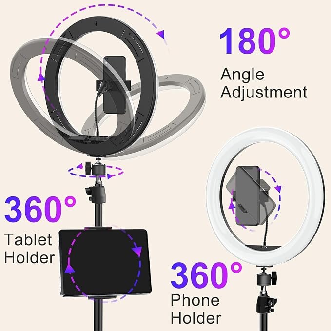 10.3" Ring Light with Tripod and Phone iPad Holder,Selfie Ring Light with 51 Color Mode,Circle Lighting for iPhone,Dimmable LED Phone Ringlight with Stand for Makeup/Video Recording/Photography/TikTok